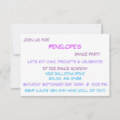 パープルダンスバースデーパーティーの招待 招待状 (裏面)