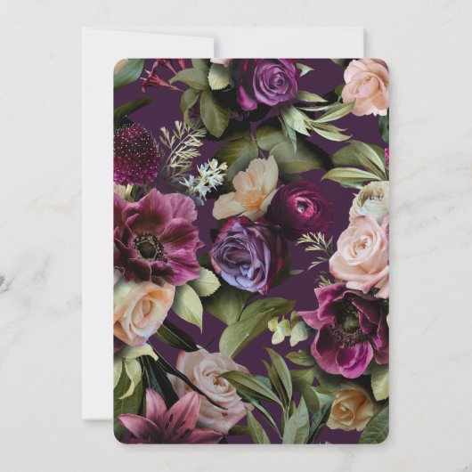 パープルダークムーディエレガントフローラリハーサルディナー 招待状 (裏面)