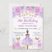 パープルチュチュ ダークスキン バレリーナ 誕生日 招待状 (正面)