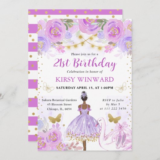 パープルチュチュ ダークスキン バレリーナ 誕生日 招待状 (正面/裏面)