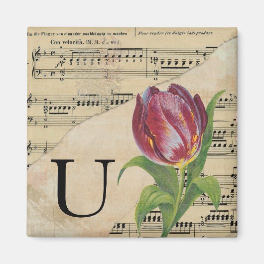 パープルチューリップシートミュージックモノグラムイニシャルU マグネット (正面)