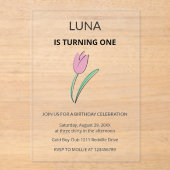 パープルチューリップフラワール ガールキッズ ファーストバースデー アクリル招待状 (正面)