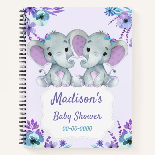 パープルツインズエレファントメモリブックベビーシャワーティール（緑がかった色） ノートブック (正面)