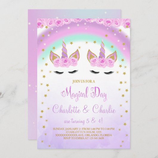 パープルツインズユニコーンバースデー招待状 招待状 (正面/裏面)
