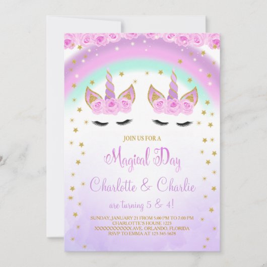 パープルツインズユニコーン誕生日招待状 招待状 (正面)
