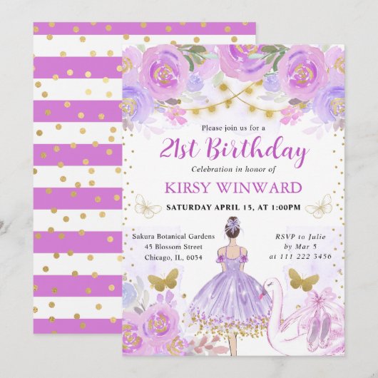 パープルツゥブルネットヘアバレリーナ誕生日 招待状 (正面/裏面)