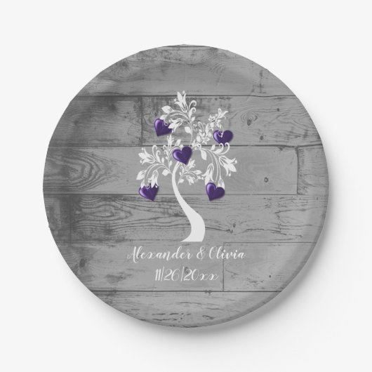 パープルツリーハートウェディングシャワー紙プレート ペーパープレート (正面)