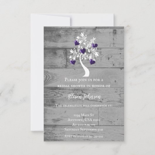 パープルツリーハートブライダルシャワー招待状 招待状 (正面)