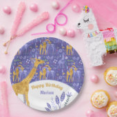 パープルティール(緑がかった色)お洒落イエローキリン誕生日 ペーパープレート (パーティー)