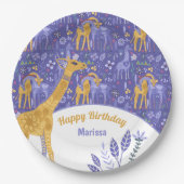 パープルティール(緑がかった色)お洒落イエローキリン誕生日 ペーパープレート (正面)