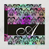 パープルティール(緑がかった色)アクアブルーブラックダマスクモノグラム 招待状 (正面/裏面)