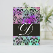 パープルティール（緑がかった色）アクアブルーブラックダマスクモノグラムRSVP 出欠カード (スタンド正面)