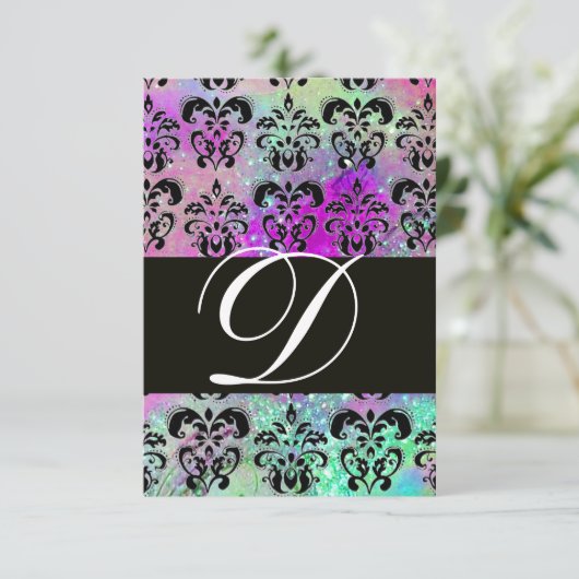 パープルティール(緑がかった色)アクアブルーブラックダマスクモノグラムRSVP 出欠カード (スタンド正面)