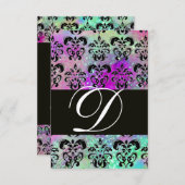 パープルティール（緑がかった色）アクアブルーブラックダマスクモノグラムRSVP 出欠カード (正面/裏面)