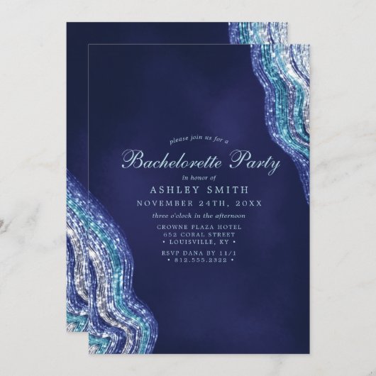 パープルティール（緑がかった色）アゲートゲードジェムストーンバチェロレッテ 招待状 (正面/裏面)