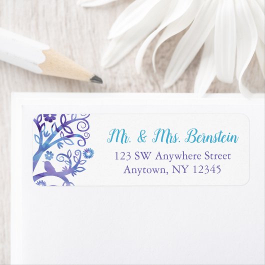 パープルティール(緑がかった色)ウォーターカラーツリーオブライフ差出人住所 ラベル (インサイチュ)