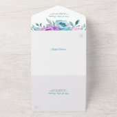 パープルティール(緑がかった色)ウォーターカラーフローラバルミツワー オールインワン招待状 (外側)