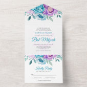 パープルティール(緑がかった色)ウォーターカラーフローラバルミツワー オールインワン招待状 (内側)
