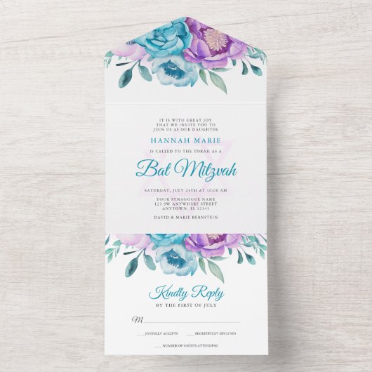 パープルティール(緑がかった色)ウォーターカラーフローラバルミツワー オールインワン招待状 (内側)
