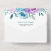 パープルティール(緑がかった色)ウォーターカラーフローラバルミツワー オールインワン招待状 (裏面)