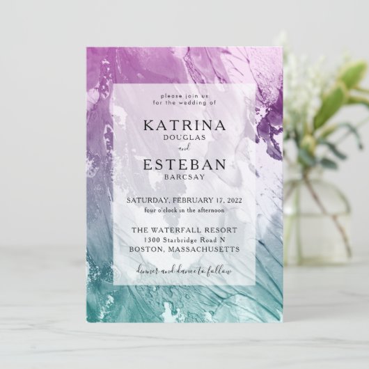 パープルティール（緑がかった色）エレガントウェディング 招待状 (スタンド正面)