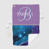 パープルティール（緑がかった色）グリターシルバーモノグラムファーストネーム  ゴルフタオル (インサイチュ)