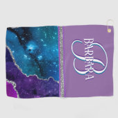 パープルティール（緑がかった色）グリターシルバーモノグラムファーストネーム  ゴルフタオル (横)