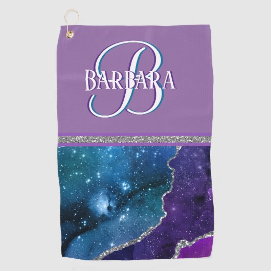 パープルティール（緑がかった色）グリターシルバーモノグラムファーストネーム  ゴルフタオル (正面)