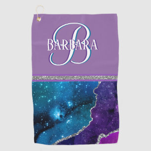 パープルティール（緑がかった色）グリターシルバーモノグラムファース ゴルフタオル