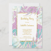 パープルティール(緑がかった色)グリッターフローラ金ゴールド誕生日パーティー 招待状 (正面)