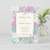 パープルティール(緑がかった色)グリッターフローラ金ゴールド誕生日パーティー 招待状 (スタンド正面)