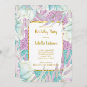 パープルティール（緑がかった色）グリッターフローラ金ゴールド誕生日パーティー 招待状 (正面/裏面)