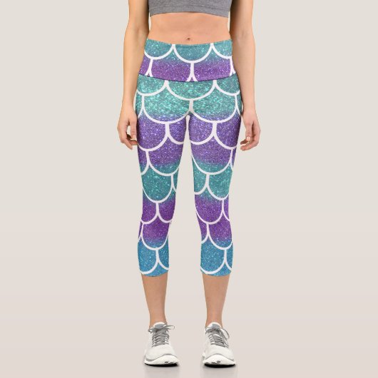 パープルティール(緑がかった色)グリッターマーメイドスキャロプはかりで測 カプリレギンス (正面)
