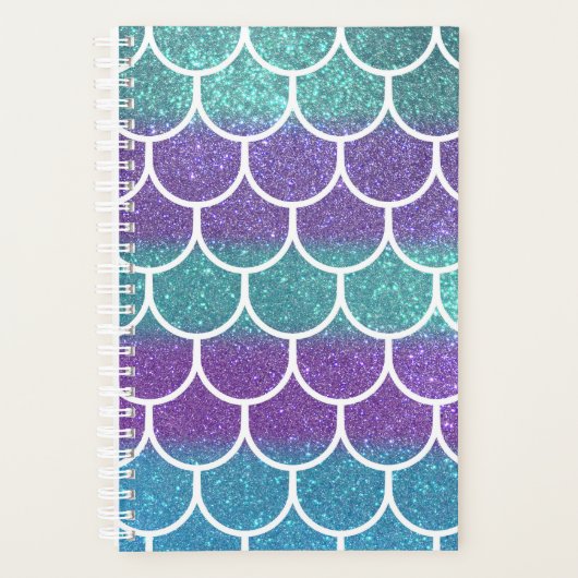 パープルティール(緑がかった色)グリッターマーメイドホタテのスケールパターン プランナー手帳 (正面)