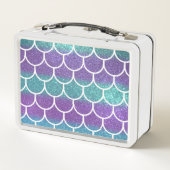 パープルティール（緑がかった色）グリッターマーメイドホタテのスケールパターン メタルランチボックス (裏面)