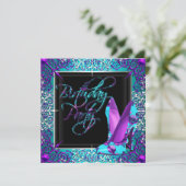 パープルティール(緑がかった色)シルバーハイヒールシューズ誕生日パーティー 招待状 (スタンド正面)