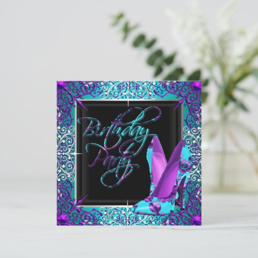 パープルティール(緑がかった色)シルバーハイヒールシューズ誕生日パーティー 招待状 (スタンド正面)