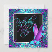 パープルティール(緑がかった色)シルバーハイヒールシューズ誕生日パーティー 招待状 (正面)