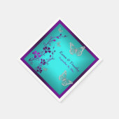 パープルティール(緑がかった色)シルバーフローラ、蝶ナプキン スタンダードカクテルナプキン (角)