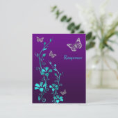 パープルティール(緑がかった色)シルバーフローラ、蝶RSVPカード 出欠カード (スタンド正面)