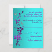 パープルティール(緑がかった色)シルバーフローラ、蝶RSVPカード 出欠カード (裏面)