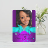 パープルティール(緑がかった色)スウィート16誕生日パーティダイヤモンドフォト 招待状 (スタンド正面)