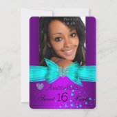 パープルティール(緑がかった色)スウィート16誕生日パーティダイヤモンドフォト 招待状 (正面)