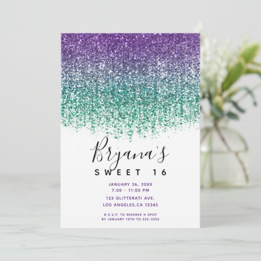 パープルティール（緑がかった色）スパークリーグリッタースウィート16誕生日 招待状 (スタンド正面)