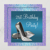 パープルティール(緑がかった色)ゼブラハイヒール女性21st誕生日 招待状 (正面/裏面)