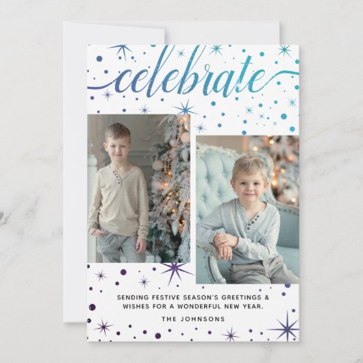 パープルティール(緑がかった色)タイポグラフィシーズンの挨拶2 – 写真 シーズンカード (正面)