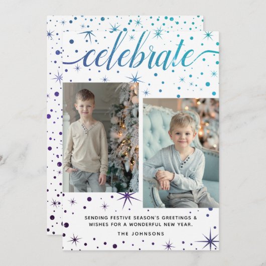 パープルティール(緑がかった色)タイポグラフィシーズンの挨拶2 – 写真 シーズンカード (正面/裏面)