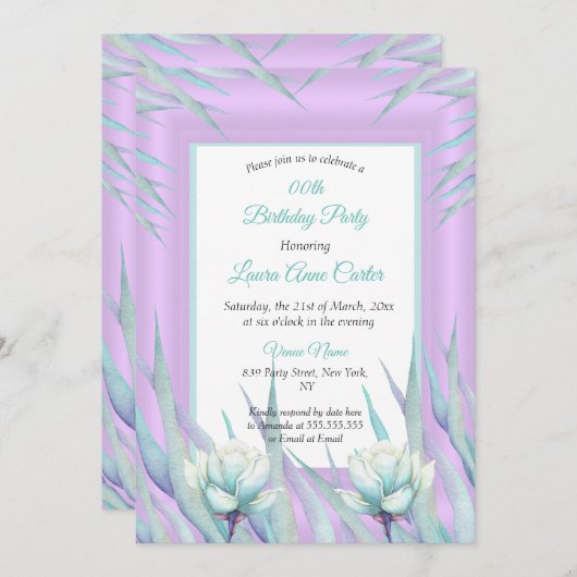 パープルティール（緑がかった色）デリケートフローラフォト誕生日 招待状 (正面/裏面)