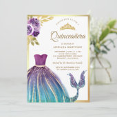 パープルティール（緑がかった色）ドレスマーメイドテール金ゴールドキンセアニェラ 招待状 (スタンド正面)