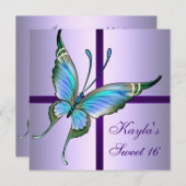パープルティール(緑がかった色)バタフライスウィート16バースデーパーティー 招待状 (正面/裏面)